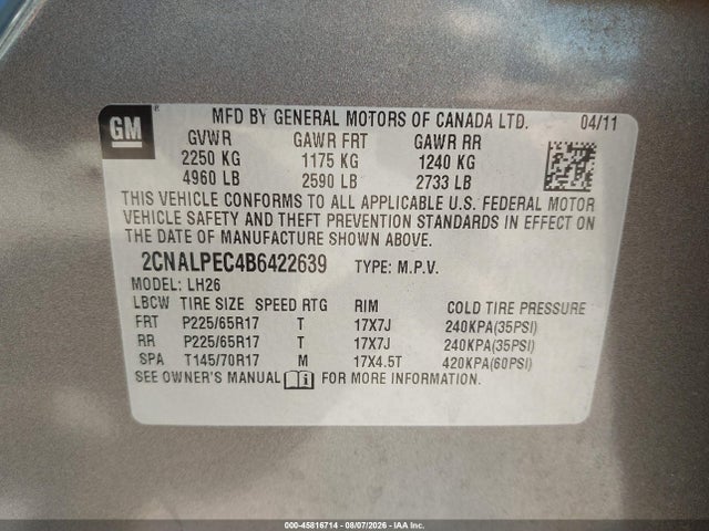 Aukcja sprzedaży 2011 Chevrolet Equinox Lt W/2lt, vin: 2CNALPEC4B6422639, numer aukcji: 45816714