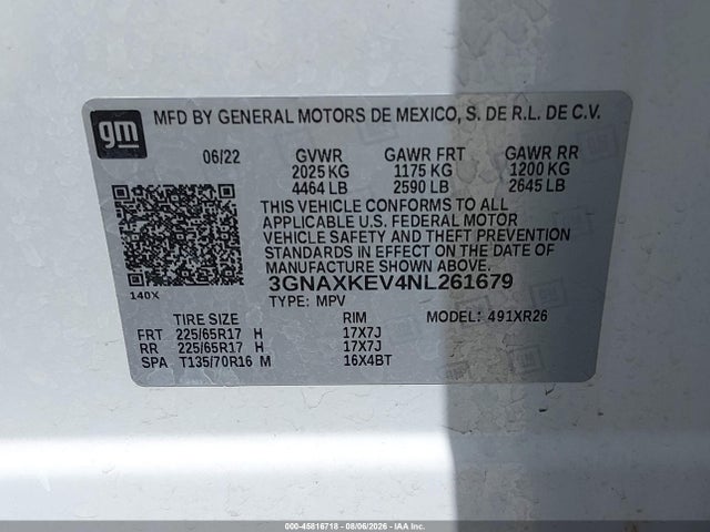 45816718 :رقم المزاد ، 3GNAXKEV4NL261679 vin ، 2022 Chevrolet Equinox Fwd Lt مزاد بيع