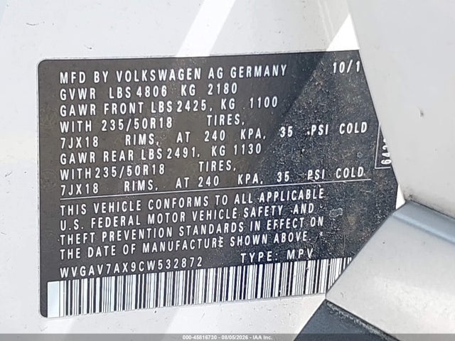 Продаж на аукціоні авто 2012 Volkswagen Tiguan Se, vin: WVGAV7AX9CW532872, номер лоту: 45816730