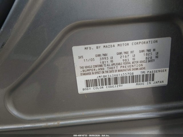 Продажа на аукционе авто 2006 Mazda 3 Hatchback, vin: JM1BK343X61455708, номер лота: 45816733