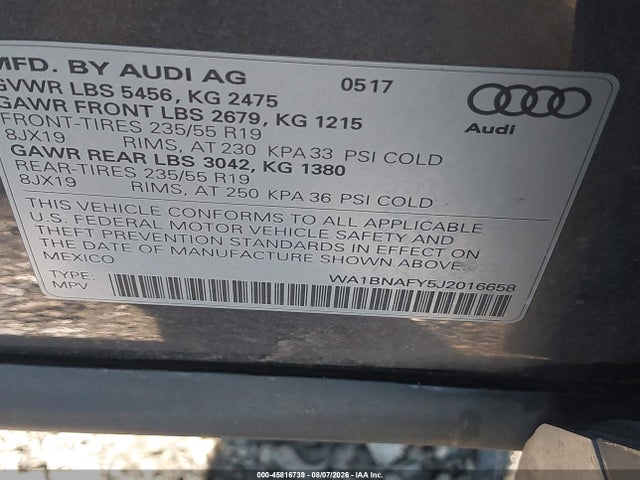 45816739 :رقم المزاد ، WA1BNAFY5J2016658 vin ، 2018 Audi Q5 2.0t Premium/2.0t Tech Premium مزاد بيع