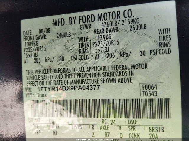 45816745 :رقم المزاد ، 1FTYR14DX9PA04377 vin ، 2009 Ford Ranger Xlt مزاد بيع