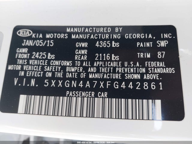 Продажа на аукционе авто 2015 Kia Optima Ex, vin: 5XXGN4A7XFG442861, номер лота: 45816754