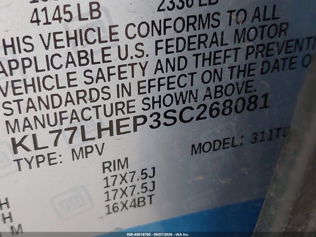 45816760 :رقم المزاد ، KL77LHEP3SC268081 vin ، 2025 Chevrolet Trax Fwd Lt مزاد بيع