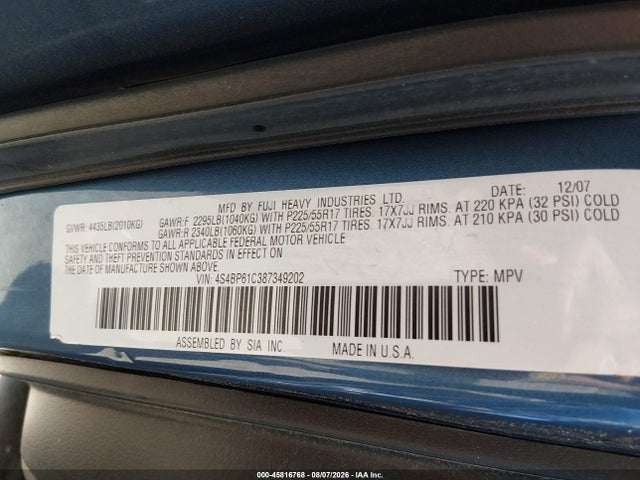 2008 Subaru Outback 2.5i/2.5i L.l. Bean Edition მანქანა იყიდება აუქციონზე, vin: 4S4BP61C387349202, აუქციონის ნომერი: 45816768