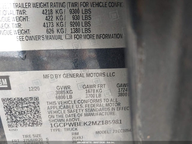 45816770 :رقم المزاد ، 1GCPWBEK2MZ185981 vin ، 2021 Chevrolet Silverado 1500 2wd  Short Bed Custom مزاد بيع