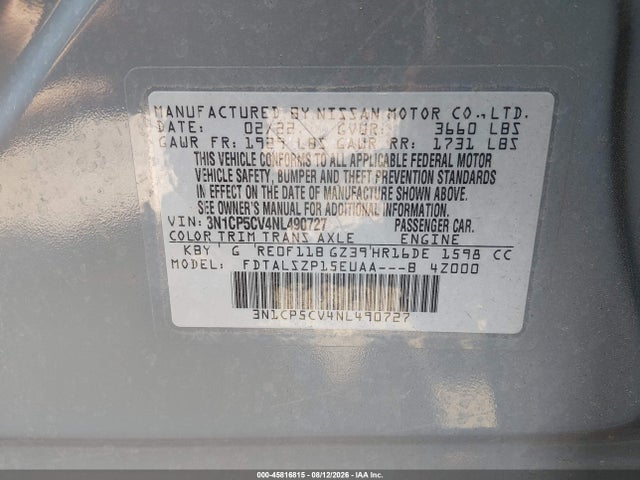 Aukcja sprzedaży 2022 Nissan Kicks Sv Xtronic Cvt, vin: 3N1CP5CV4NL490727, numer aukcji: 45816815