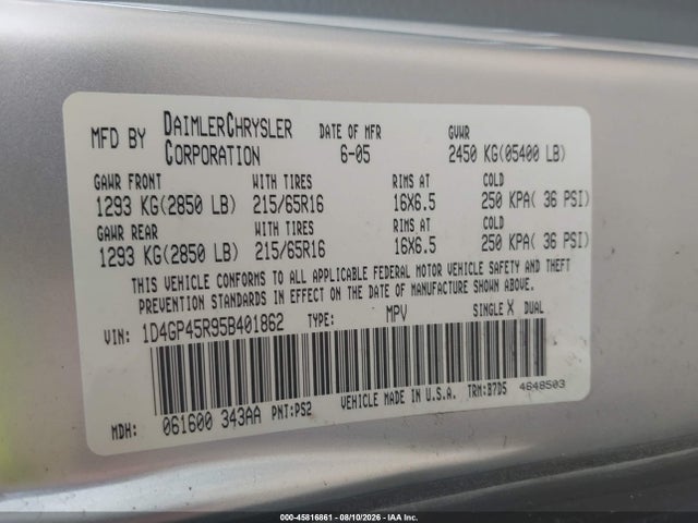 Продаж на аукціоні авто 2005 Dodge Caravan Sxt, vin: 1D4GP45R95B401862, номер лоту: 45816861