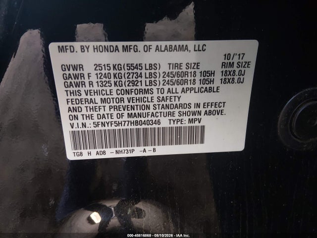 Honda Pilot Ex-l 2017 5FNYF5H77HB040346 Image 9