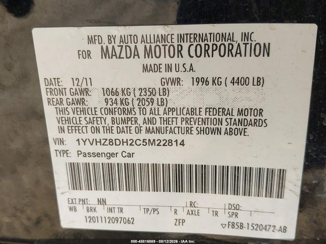 2012 Mazda Mazda6 I Touring მანქანა იყიდება აუქციონზე, vin: 1YVHZ8DH2C5M22814, აუქციონის ნომერი: 45816869