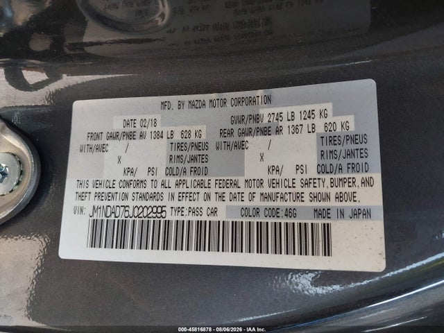Aukcja sprzedaży 2018 Mazda Mx-5 Miata Grand Touring, vin: JM1NDAD76J0202995, numer aukcji: 45816878