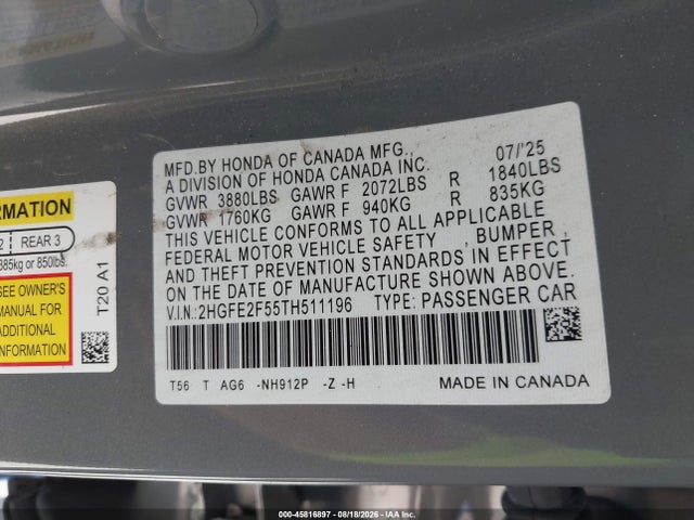 Honda Civic Sport 2026 2HGFE2F55TH511196 Image 9