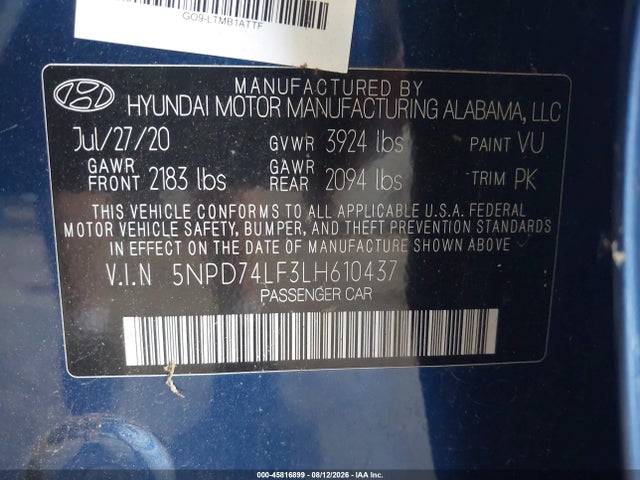 45816899 :رقم المزاد ، 5NPD74LF3LH610437 vin ، 2020 Hyundai Elantra Se مزاد بيع