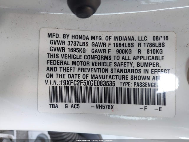45816908 :رقم المزاد ، 19XFC2F5XGE083535 vin ، 2016 Honda Civic Lx مزاد بيع