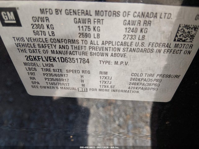 45816923 :رقم المزاد ، 2GKFLVEK1D6351784 vin ، 2013 Gmc Terrain Slt-1 مزاد بيع