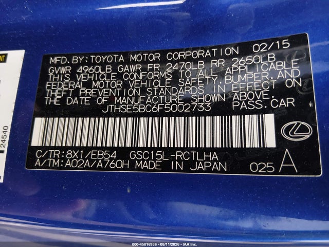 Aukcja sprzedaży 2015 Lexus Rc 350, vin: JTHSE5BC6F5002733, numer aukcji: 45816936