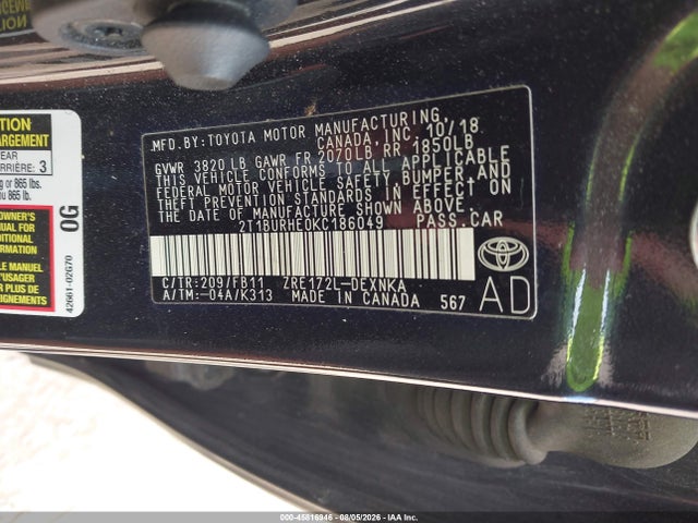 Продаж на аукціоні авто 2019 Toyota Corolla Le, vin: 2T1BURHE0KC186049, номер лоту: 45816946