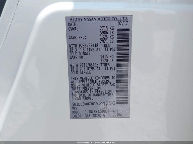 Aukcja sprzedaży 2017 Infiniti Qx60, vin: 5N1DL0MM7HC524256, numer aukcji: 45816971