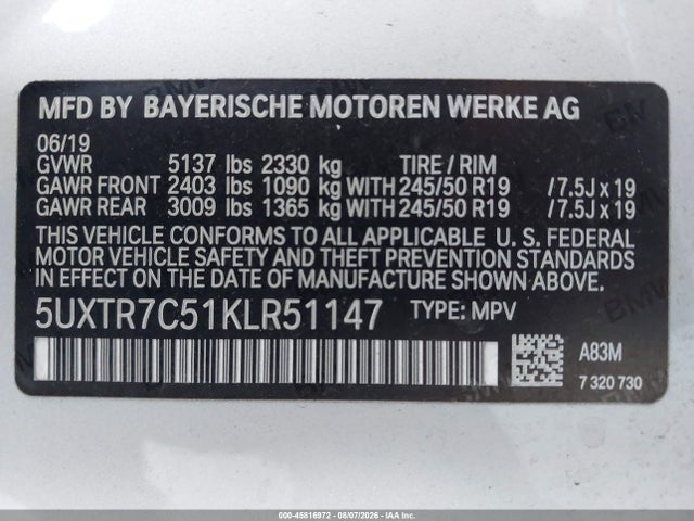 Aukcja sprzedaży 2019 Bmw X3 Sdrive30i, vin: 5UXTR7C51KLR51147, numer aukcji: 45816972
