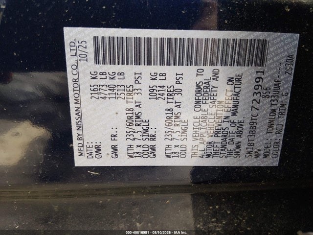 45816981 :رقم المزاد ، 5N1BT3BB9TC723991 vin ، 2026 Nissan Rogue Sv مزاد بيع