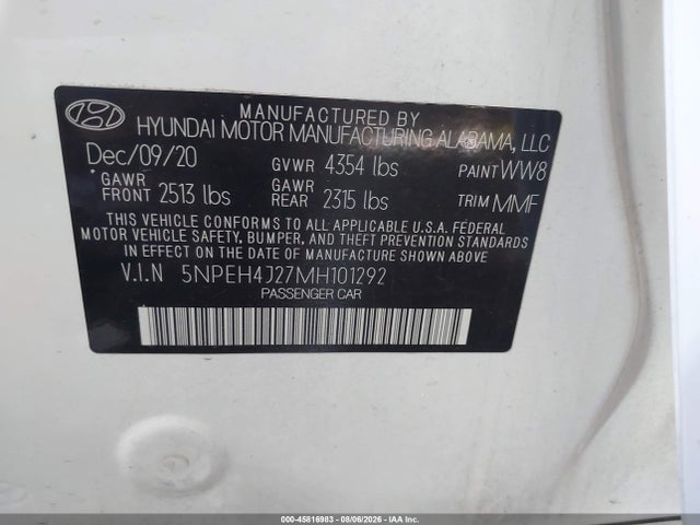Продажа на аукционе авто 2021 Hyundai Sonata Limited, vin: 5NPEH4J27MH101292, номер лота: 45816983