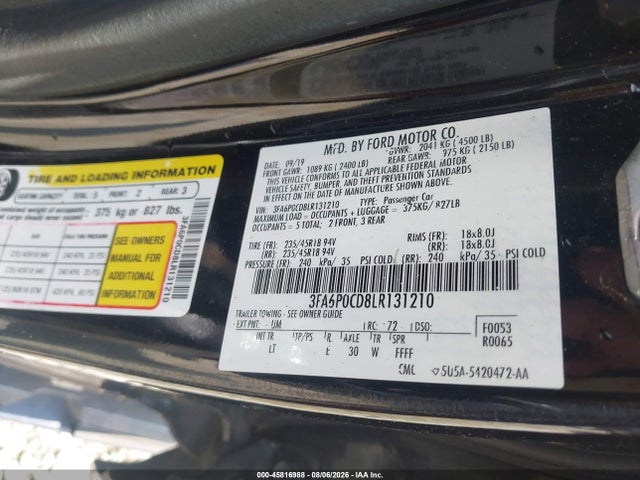 Продаж на аукціоні авто 2020 Ford Fusion Sel, vin: 3FA6P0CD8LR131210, номер лоту: 45816988
