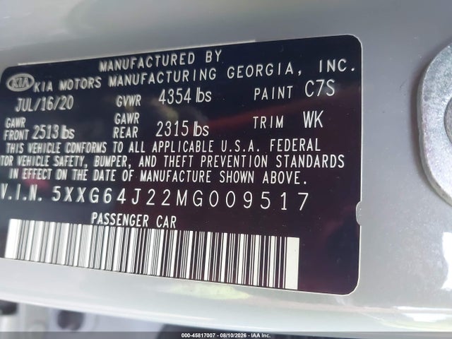 2021 Kia K5 Gt-line მანქანა იყიდება აუქციონზე, vin: 5XXG64J22MG009517, აუქციონის ნომერი: 45817007