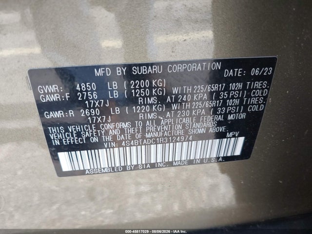 45817029 :رقم المزاد ، 4S4BTADC1R3124974 vin ، 2024 Subaru Outback Premium مزاد بيع