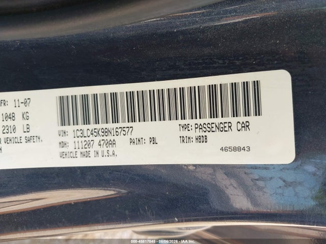 Продаж на аукціоні авто 2008 Chrysler Sebring Lx, vin: 1C3LC45K98N167577, номер лоту: 45817045