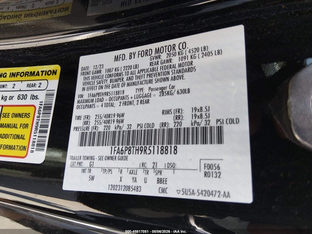 Aukcja sprzedaży 2024 Ford Mustang Ecoboost Premium Fastback, vin: 1FA6P8TH9R5118818, numer aukcji: 45817051