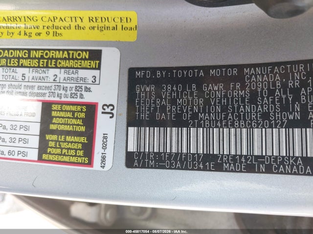 Aukcja sprzedaży 2011 Toyota Corolla S, vin: 2T1BU4EE8BC620127, numer aukcji: 45817054