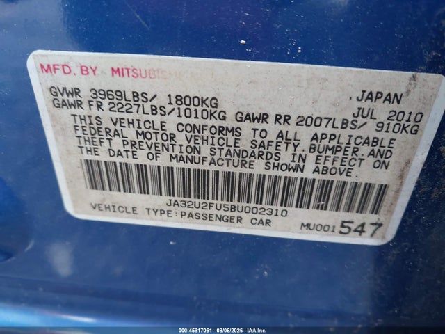 Aukcja sprzedaży 2011 Mitsubishi Lancer Es, vin: JA32U2FU5BU002310, numer aukcji: 45817061