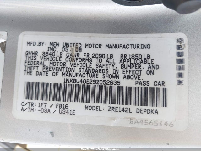 45817071 :رقم المزاد ، 1NXBU40E29Z052635 vin ، 2009 Toyota Corolla Le مزاد بيع
