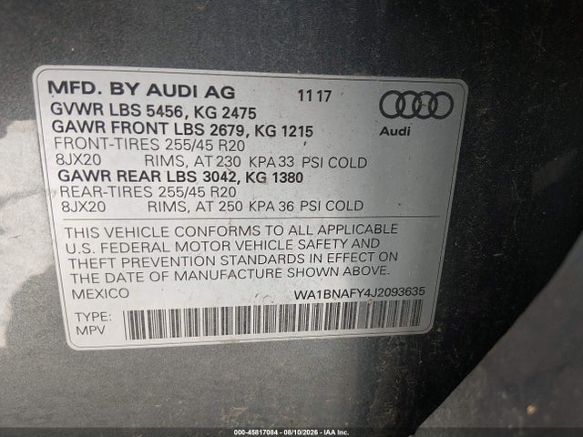 2018 Audi Q5 მანქანა იყიდება აუქციონზე, vin: WA1BNAFY4J2093635, აუქციონის ნომერი: 45817084