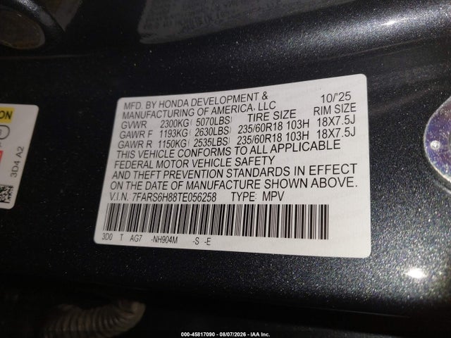 Продаж на аукціоні авто 2026 Honda Cr-v Hybrid Awd Sport-l, vin: 7FARS6H88TE056258, номер лоту: 45817090