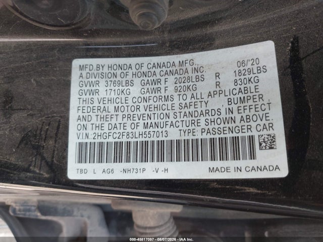 Honda Civic Sport 2020 2HGFC2F83LH557013 Image 9