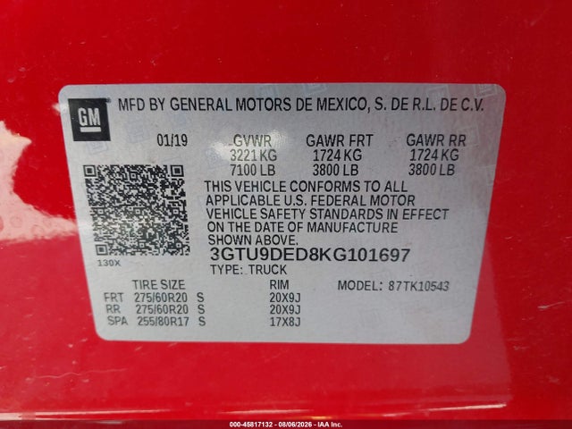 Aukcja sprzedaży 2019 Gmc Sierra 1500 Slt, vin: 3GTU9DED8KG101697, numer aukcji: 45817132
