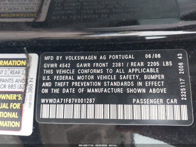 Продажа на аукционе авто 2007 Volkswagen Eos 2.0t, vin: WVWDA71F67V001287, номер лота: 45817134