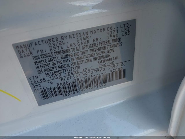 Продаж на аукціоні авто 2026 Nissan Sentra Sv, vin: 3N1AB9CV7TY273170, номер лоту: 45817133