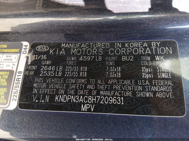 2017 Kia Sportage Ex მანქანა იყიდება აუქციონზე, vin: KNDPN3AC8H7209631, აუქციონის ნომერი: 45817139