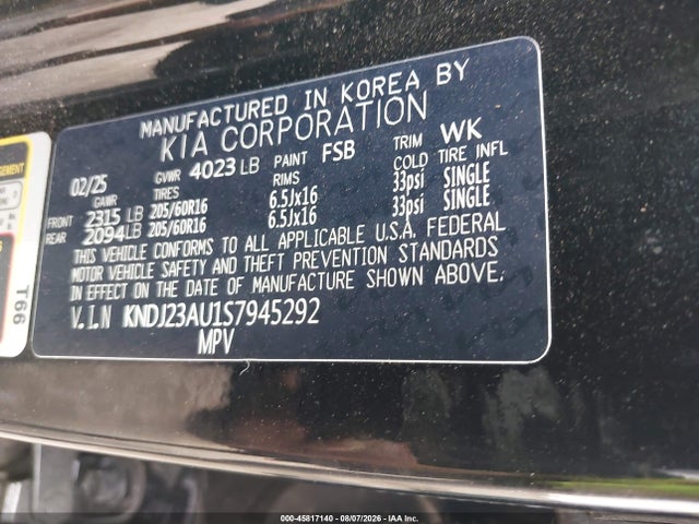 45817140 :رقم المزاد ، KNDJ23AU1S7945292 vin ، 2025 Kia Soul Lx مزاد بيع