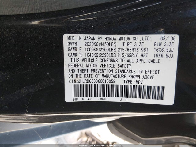 Продажа на аукционе авто 2006 Honda Cr-v Ex, vin: JHLRD68836C015059, номер лота: 45817142