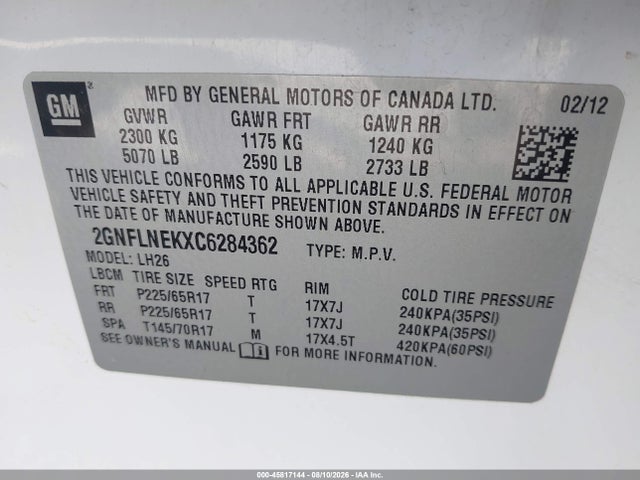 2012 Chevrolet Equinox Lt W/2lt მანქანა იყიდება აუქციონზე, vin: 2GNFLNEKXC6284362, აუქციონის ნომერი: 45817144