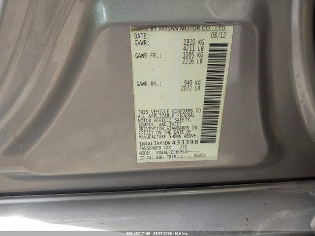 Продаж на аукціоні авто 2013 Nissan Altima 2.5 S, vin: 1N4AL3AP5DN433398, номер лоту: 45817146