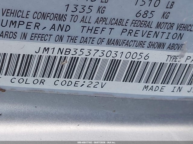 Aukcja sprzedaży 2003 Mazda Mx-5 Miata Cloth/ls/se/shinsen, vin: JM1NB353730310056, numer aukcji: 45817162