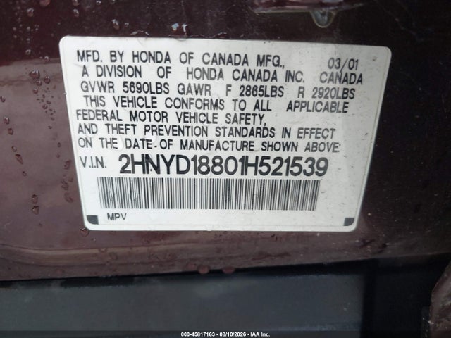 Aukcja sprzedaży 2001 Acura Mdx, vin: 2HNYD18801H521539, numer aukcji: 45817163