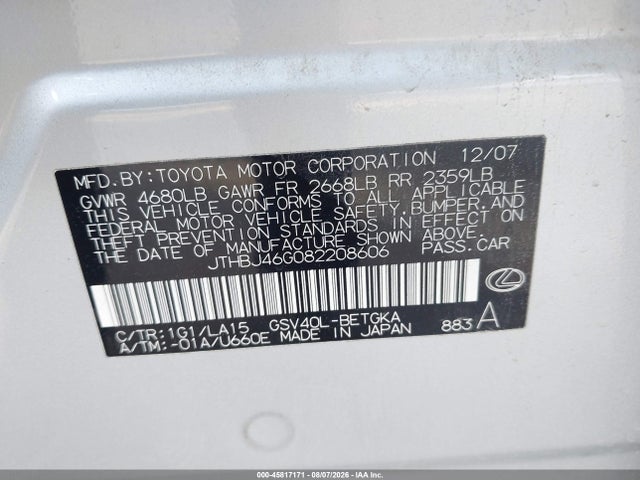 2008 Lexus Es 350 მანქანა იყიდება აუქციონზე, vin: JTHBJ46G082208606, აუქციონის ნომერი: 45817171