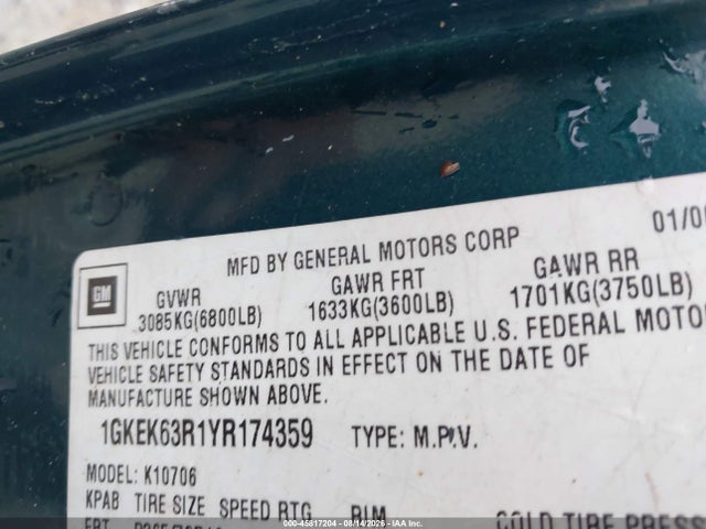 45817204 :رقم المزاد ، 1GKEK63R1YR174359 vin ، 2000 Gmc Yukon Denali مزاد بيع