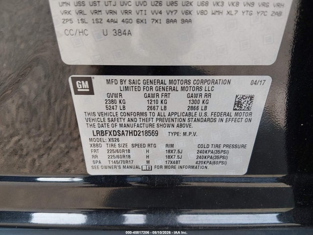 Aukcja sprzedaży 2017 Buick Envision Essence, vin: LRBFXDSA7HD218569, numer aukcji: 45817206