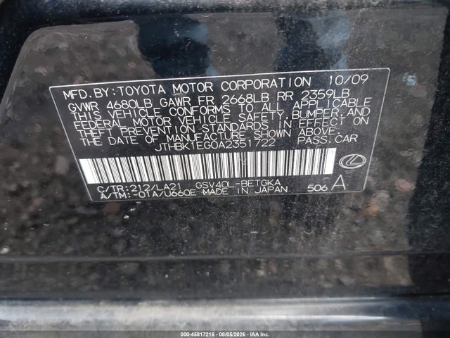 45817216 :رقم المزاد ، JTHBK1EG0A2351722 vin ، 2010 Lexus Es 350 مزاد بيع